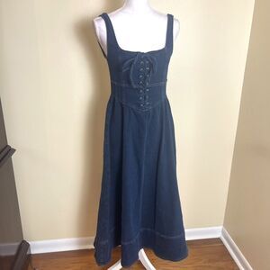 Moon River Denim Corset Jean Maxi Dress M Smocked Bow Festival Prairie Western
